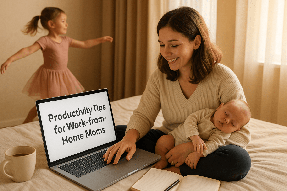 A work-from-home mom sitting on her bed in warm morning light, typing on her laptop while holding her sleeping baby, with her daughter dancing in the background. The laptop screen displays the title ‘Productivity Tips for Work-from-Home Moms.’ A coffee mug and open notebook sit nearby.