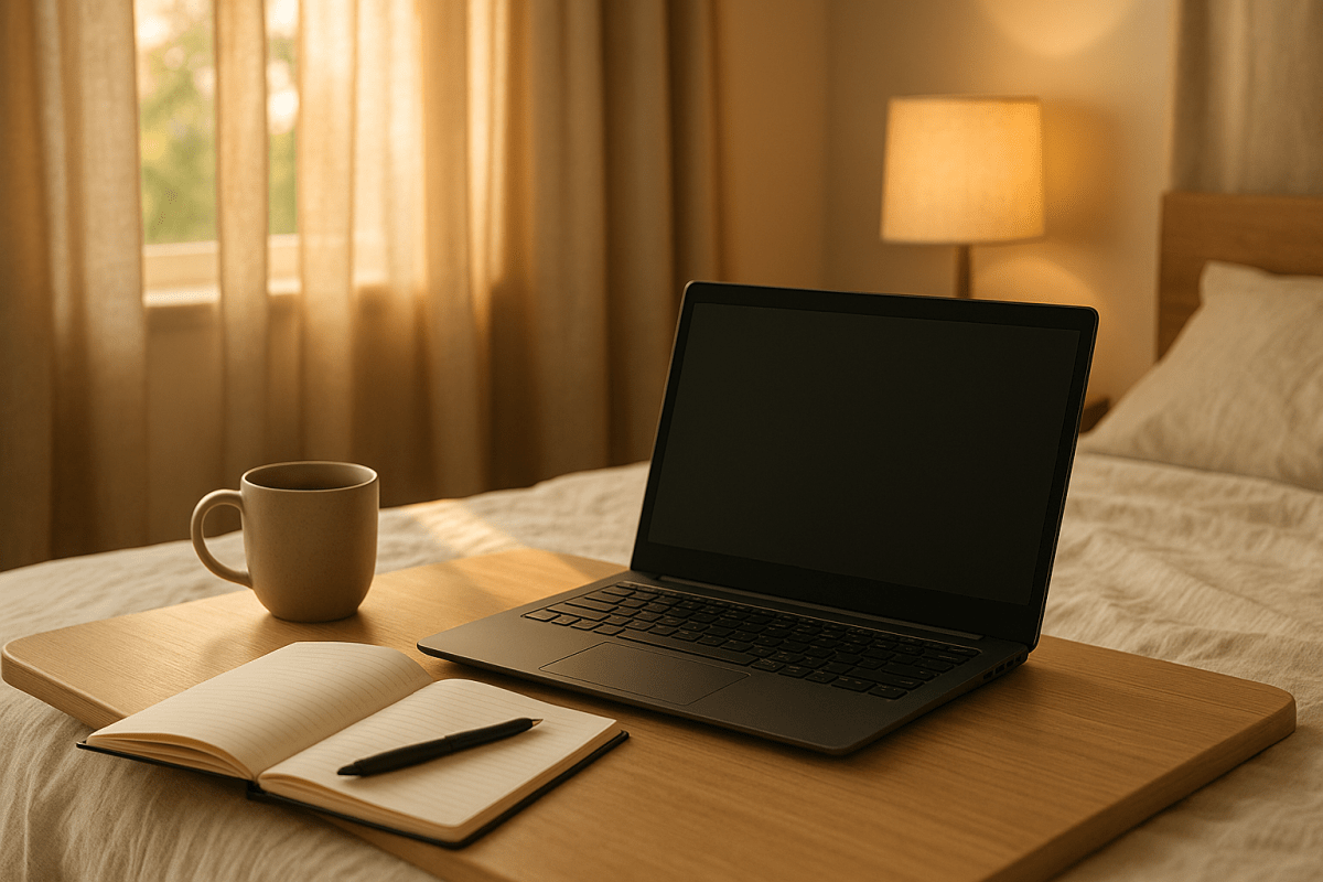 A warm, sunlit bedroom workspace with a laptop on a wooden bed tray, an open notebook with a pen, and a beige coffee mug. Soft golden light filters through curtains, creating a peaceful early-morning atmosphere.